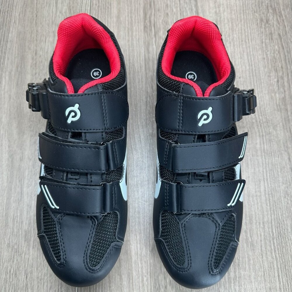 Peloton Cycling Shoes Mens Sz 6.5 Low Top Adjustable Hook & Loop Strap Black Red